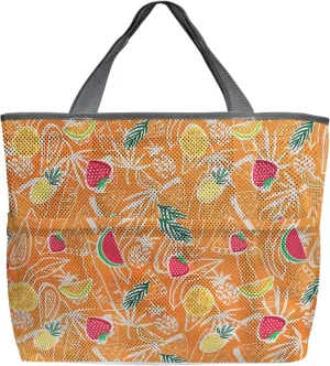 Large Beach Bag for Women, Summer Fruits Mesh Beach Tote with Pockets, Pineapple Strawberry Palm Leaves Orange Travel Toy Bag for Toys, Towel, Flip Flops