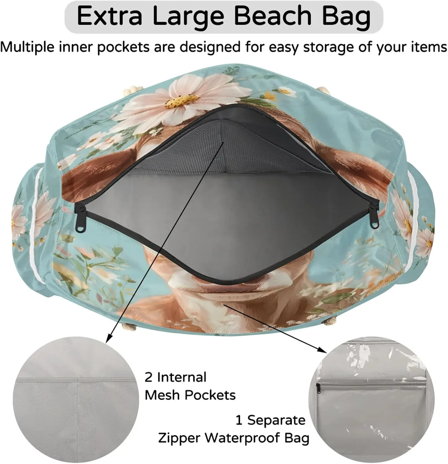 Large Beach Bags for Women with Zipper Beach Tote Bag Waterproof Sandproof Gym Swim Pool Grocery Travel Bag