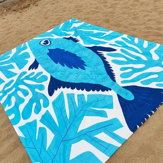 Large Beach Blanket Waterproof Sandproof 79"x 83" for 1-4 Adults,Quick Drying Beach Mat,Lightweight & Durable,Beach Essentials for Family Beach Camping Travel Picnic(Green Fish)