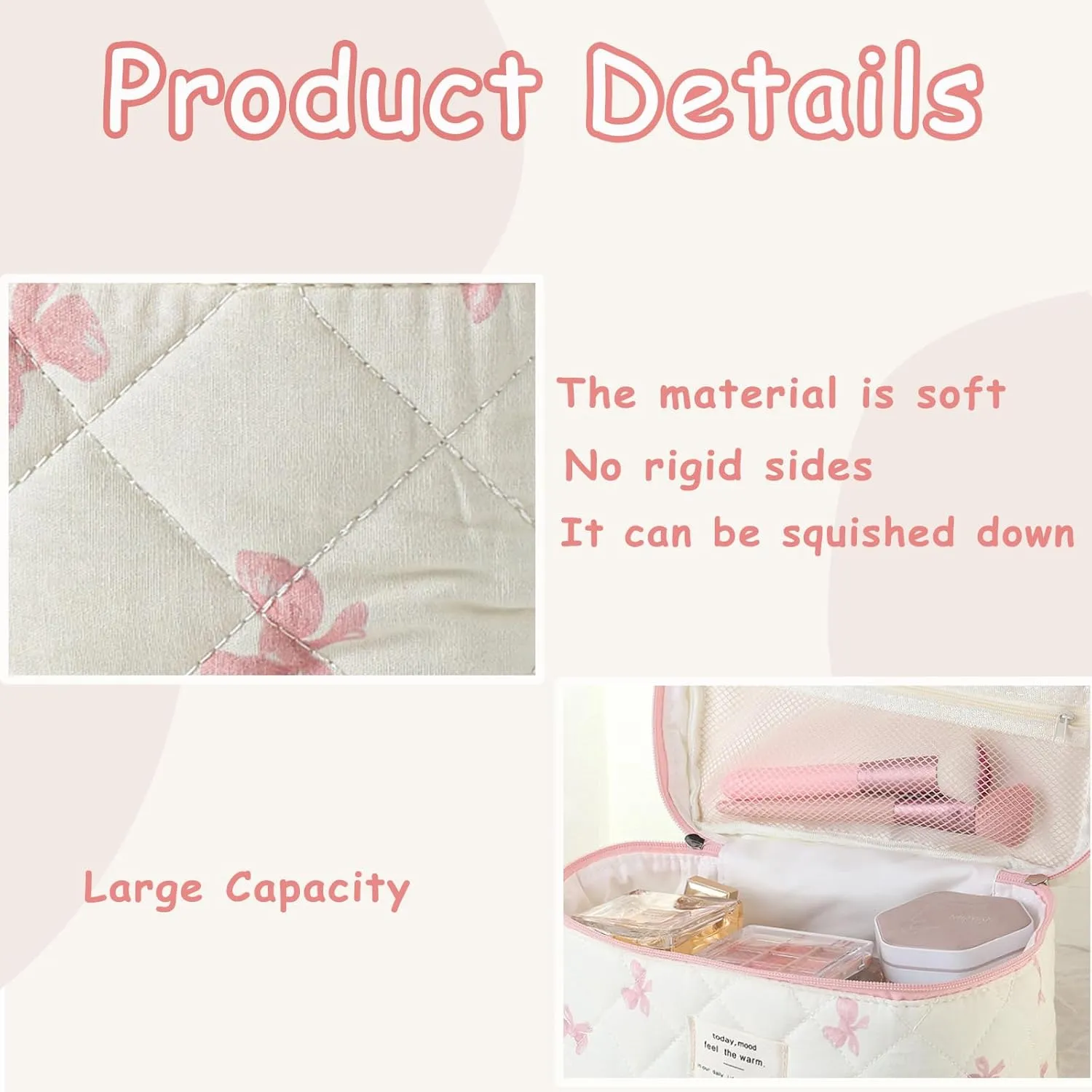 Large Quilted Makeup Bag for Women and Girls, Cute Coquette Floral Cotton Cosmetic Bag, Aesthetic Travel Organized Toiletry Bags (07White Pink Bows)