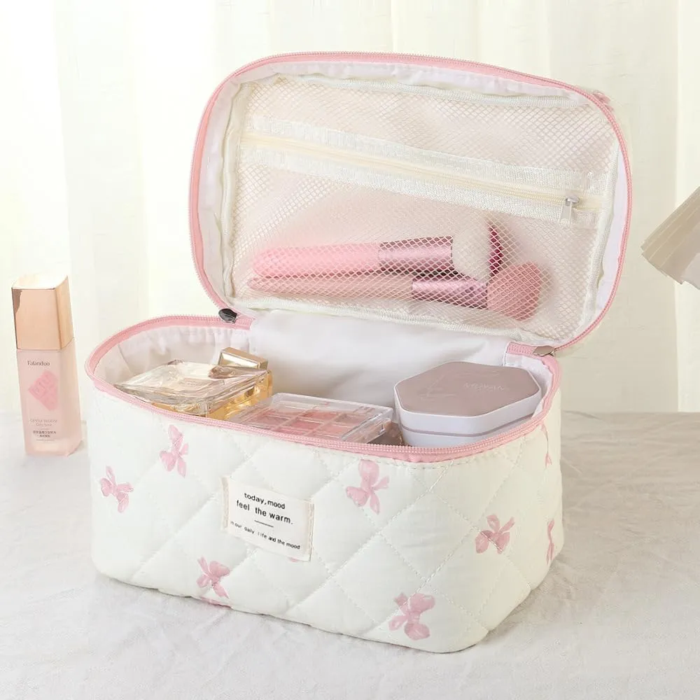 Large Quilted Makeup Bag for Women and Girls, Cute Coquette Floral Cotton Cosmetic Bag, Aesthetic Travel Organized Toiletry Bags (07White Pink Bows)