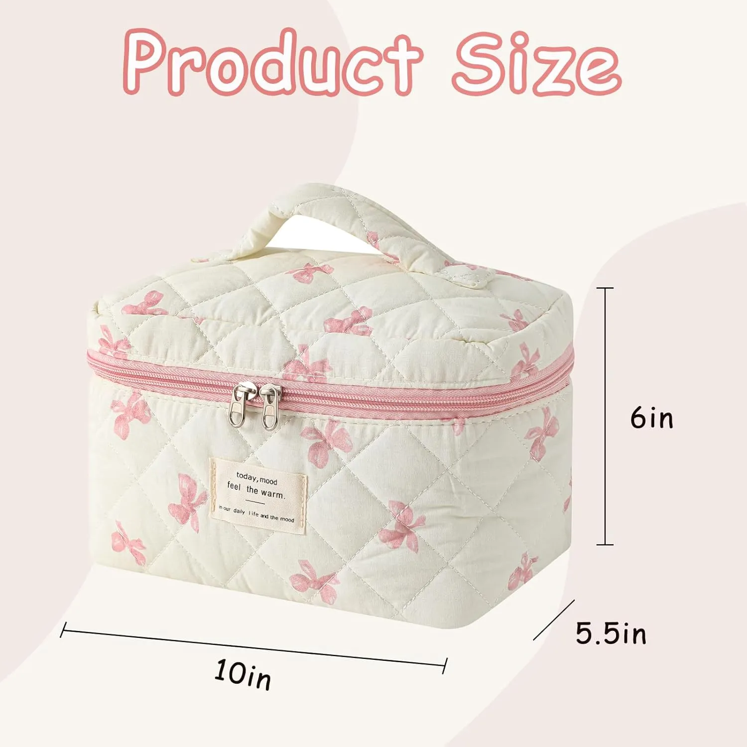 Large Quilted Makeup Bag for Women and Girls, Cute Coquette Floral Cotton Cosmetic Bag, Aesthetic Travel Organized Toiletry Bags (07White Pink Bows)