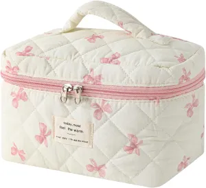 Large Quilted Makeup Bag for Women and Girls, Cute Coquette Floral Cotton Cosmetic Bag, Aesthetic Travel Organized Toiletry Bags (07White Pink Bows)