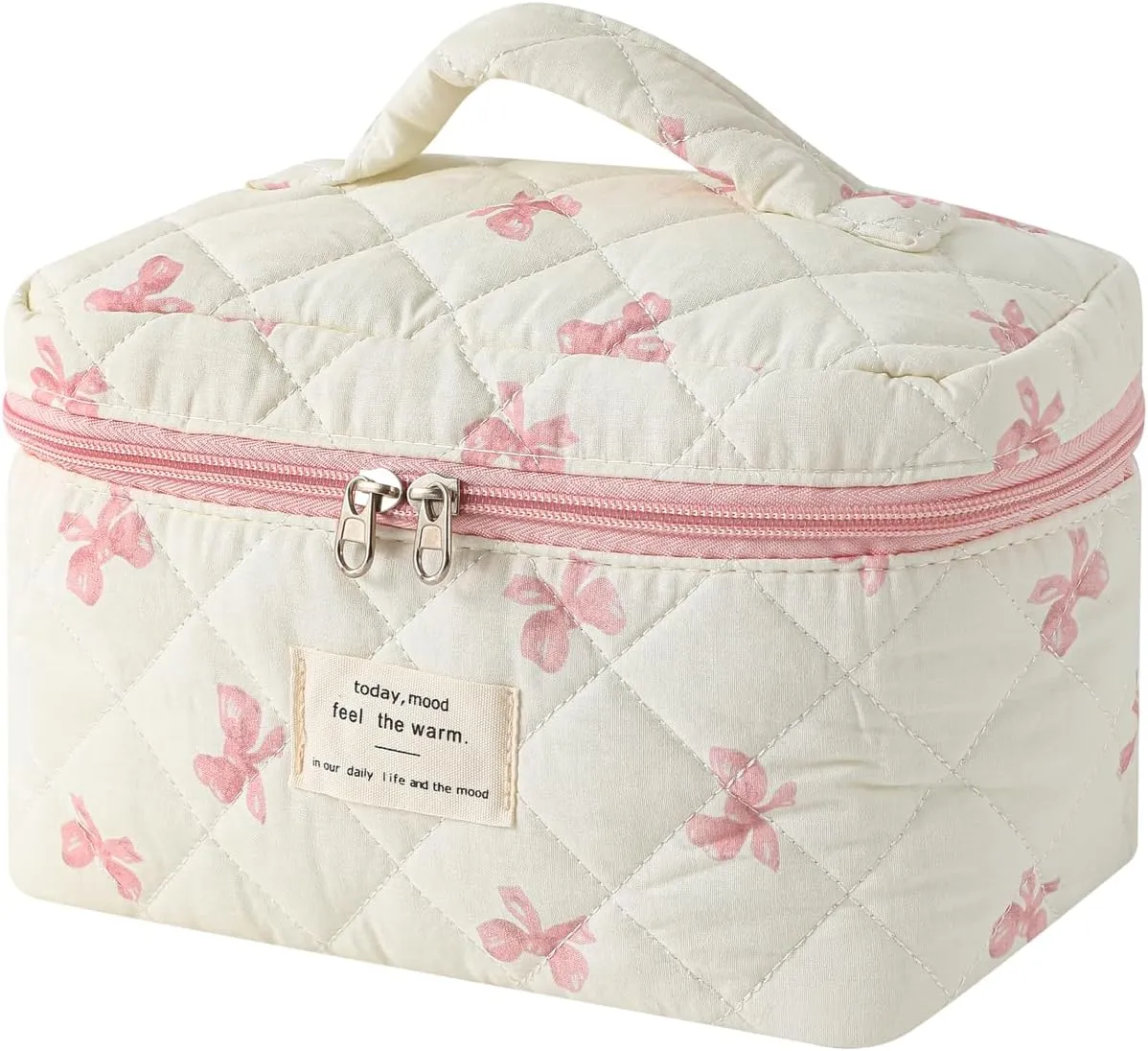 Large Quilted Makeup Bag for Women and Girls, Cute Coquette Floral Cotton Cosmetic Bag, Aesthetic Travel Organized Toiletry Bags (07White Pink Bows)