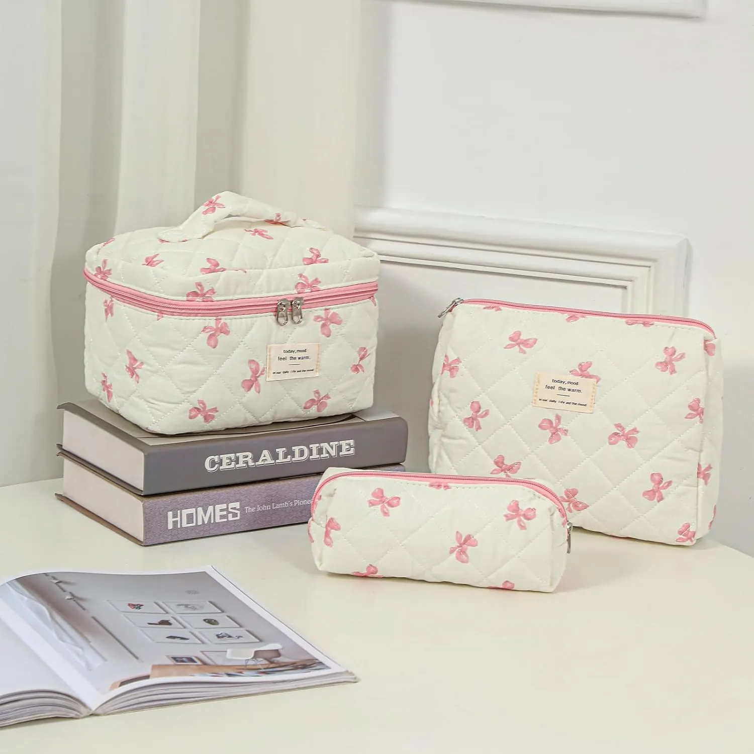 Large Quilted Makeup Bag for Women and Girls, Cute Coquette Floral Cotton Cosmetic Bag, Aesthetic Travel Organized Toiletry Bags (07White Pink Bows)