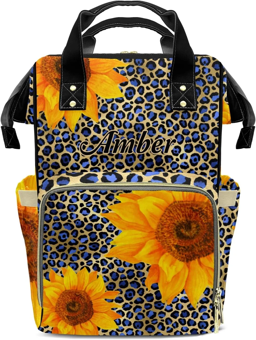 Leopard Print Color Blue Sunflower Diaper Bags with Name Personalized Baby Bag Travel Tote Bag Waterproof Backpack for Mom Gift