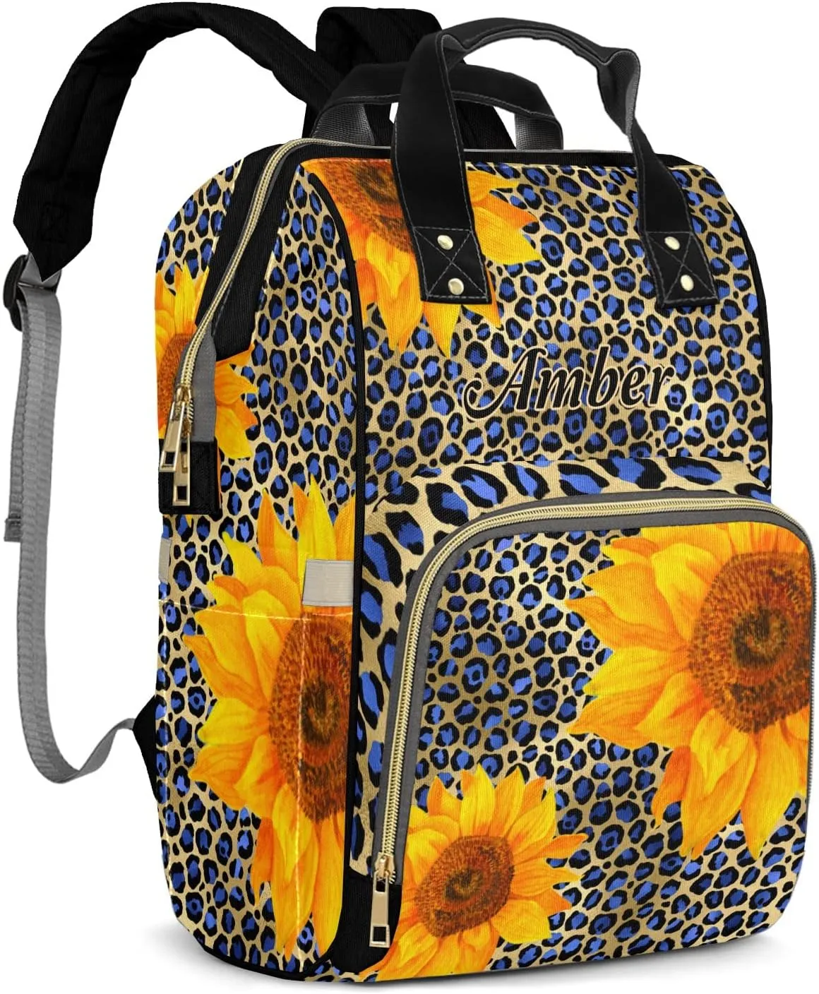 Leopard Print Color Blue Sunflower Diaper Bags with Name Personalized Baby Bag Travel Tote Bag Waterproof Backpack for Mom Gift