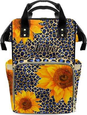 Leopard Print Color Blue Sunflower Diaper Bags with Name Personalized Baby Bag Travel Tote Bag Waterproof Backpack for Mom Gift