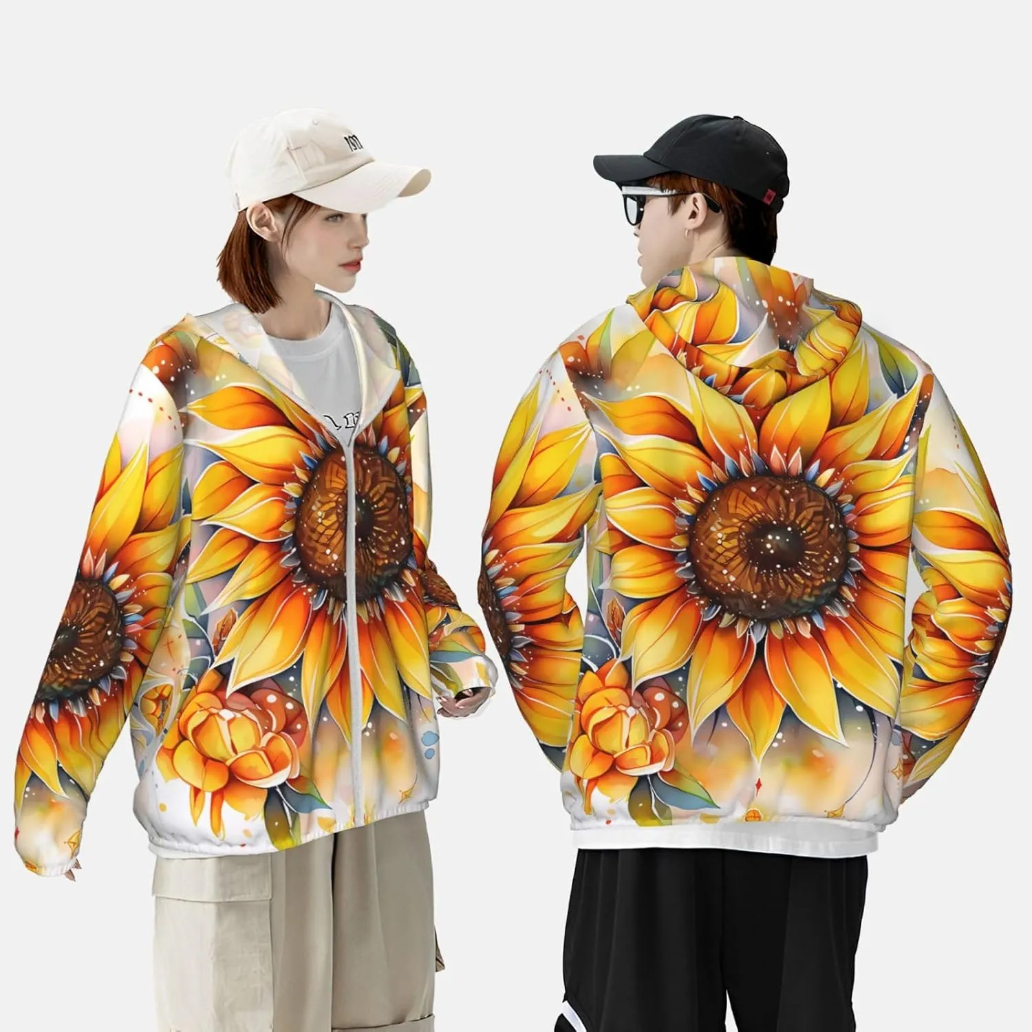 Lightweight UV Protection Sun Jacket, Yellow Sunflower in Oil Print Sportswear Hooded Sunblock Shirt for Outdoor