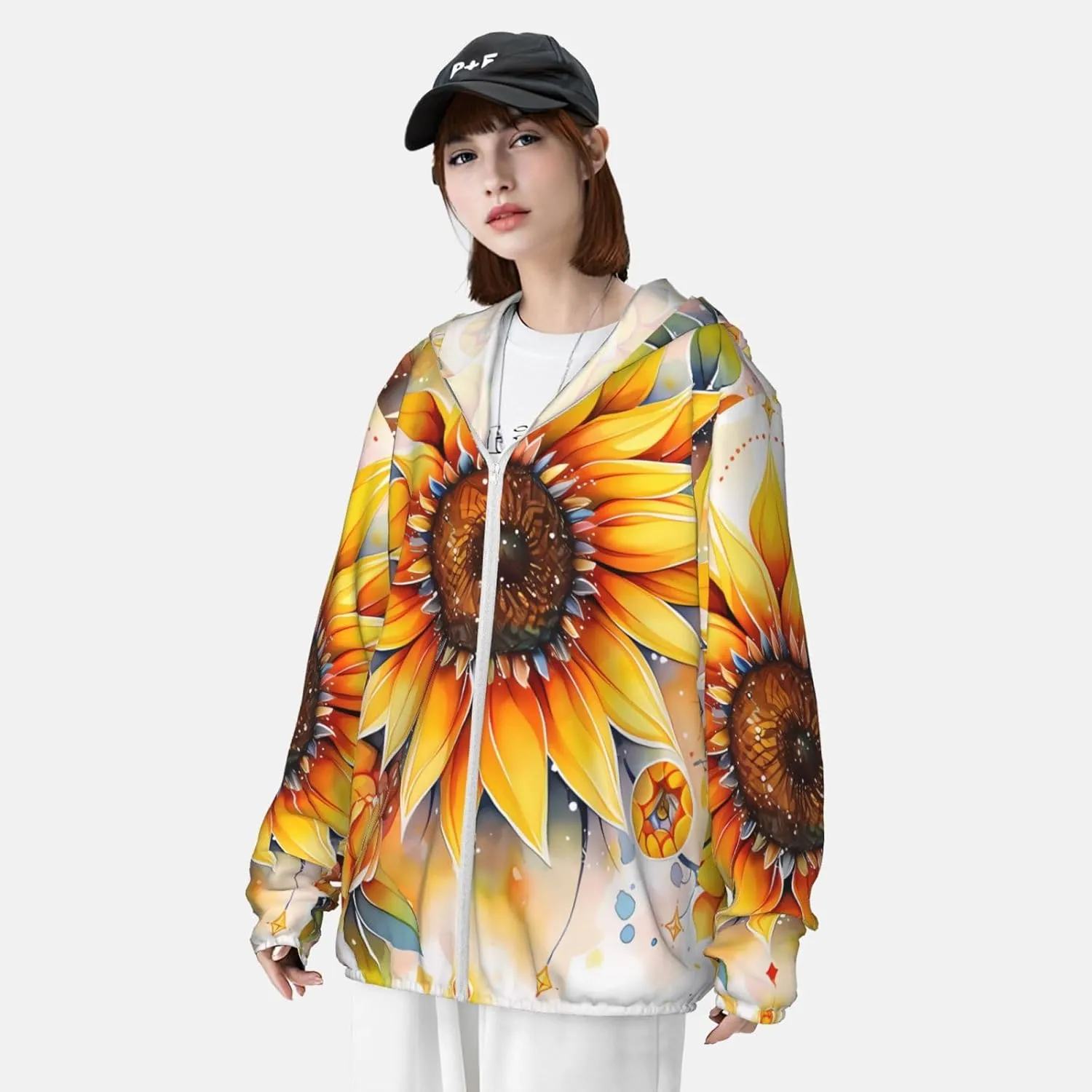 Lightweight UV Protection Sun Jacket, Yellow Sunflower in Oil Print Sportswear Hooded Sunblock Shirt for Outdoor