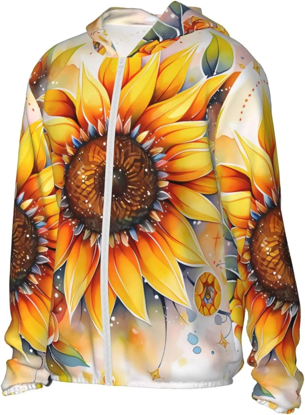 Lightweight UV Protection Sun Jacket, Yellow Sunflower in Oil Print Sportswear Hooded Sunblock Shirt for Outdoor