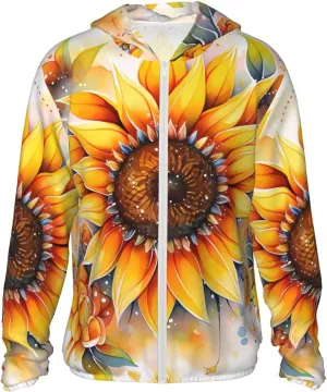 Lightweight UV Protection Sun Jacket, Yellow Sunflower in Oil Print Sportswear Hooded Sunblock Shirt for Outdoor