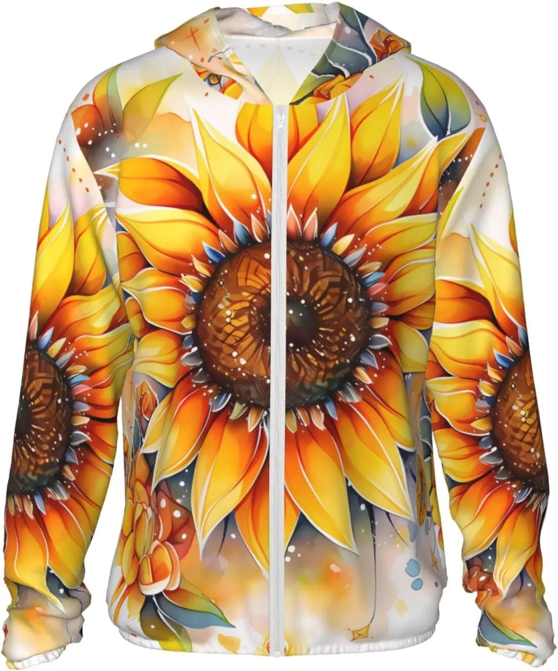Lightweight UV Protection Sun Jacket, Yellow Sunflower in Oil Print Sportswear Hooded Sunblock Shirt for Outdoor