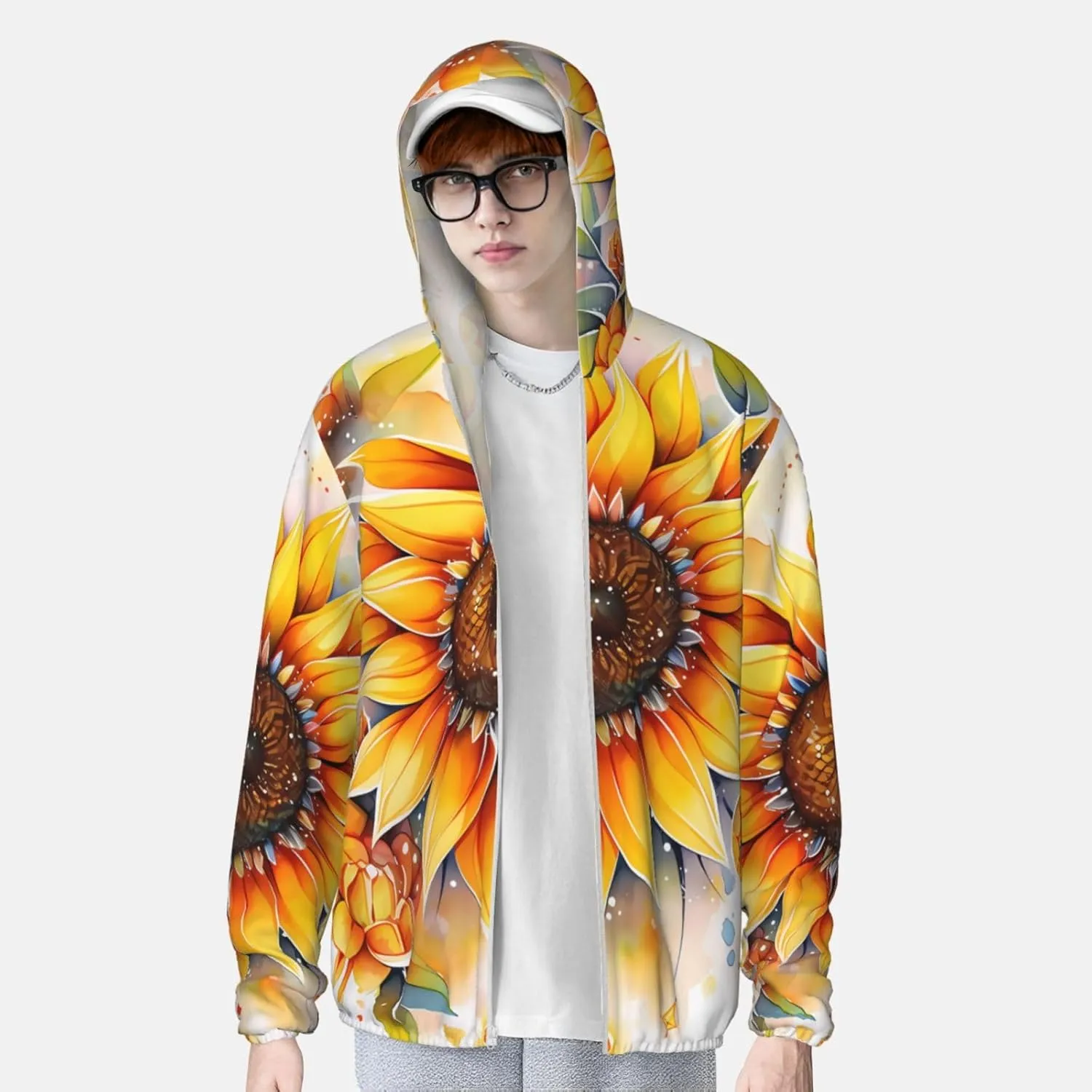 Lightweight UV Protection Sun Jacket, Yellow Sunflower in Oil Print Sportswear Hooded Sunblock Shirt for Outdoor