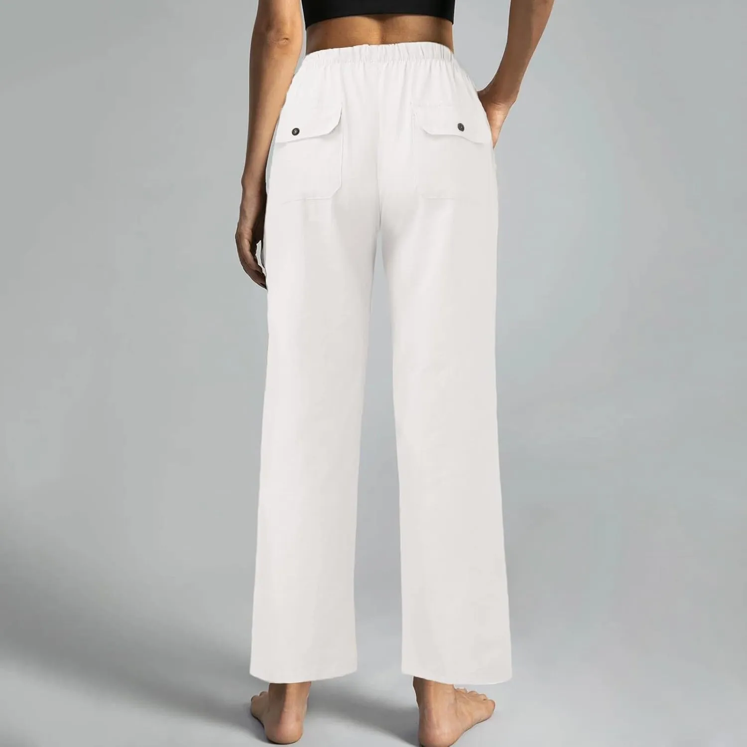 Linen Cotton Pants Women 2025 High Waisted Elastic Solid Trousers Palazzo Baggy Wide Leg Spri