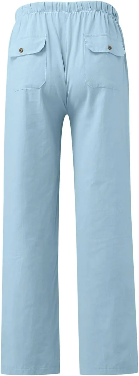 Linen Cotton Pants Women 2025 High Waisted Elastic Solid Trousers Palazzo Baggy Wide Leg Spri