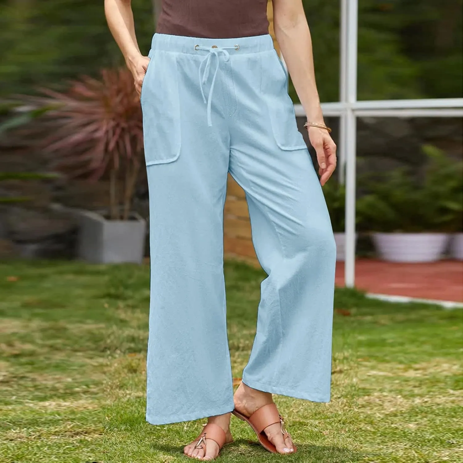 Linen Cotton Pants Women 2025 High Waisted Elastic Solid Trousers Palazzo Baggy Wide Leg Spri