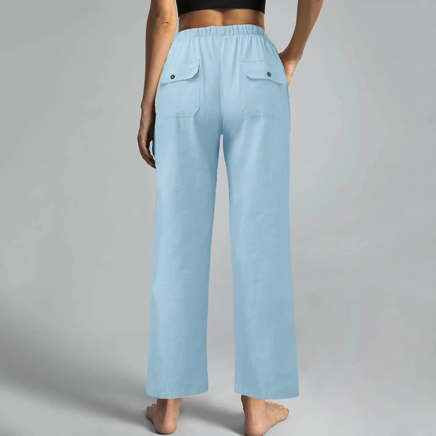 Linen Cotton Pants Women 2025 High Waisted Elastic Solid Trousers Palazzo Baggy Wide Leg Spri