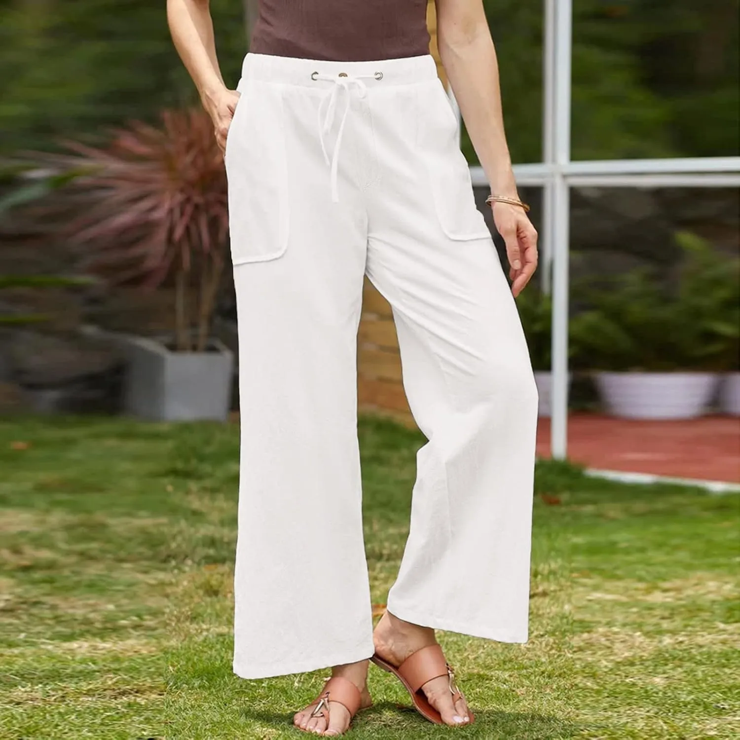 Linen Cotton Pants Women 2025 High Waisted Elastic Solid Trousers Palazzo Baggy Wide Leg Spri
