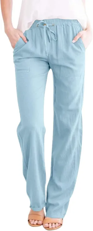Linen Cotton Pants Women 2025 High Waisted Elastic Solid Trousers Palazzo Baggy Wide Leg Spri