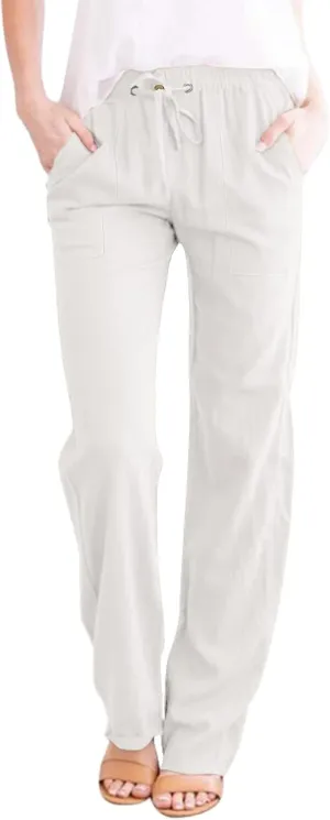 Linen Cotton Pants Women 2025 High Waisted Elastic Solid Trousers Palazzo Baggy Wide Leg Spri