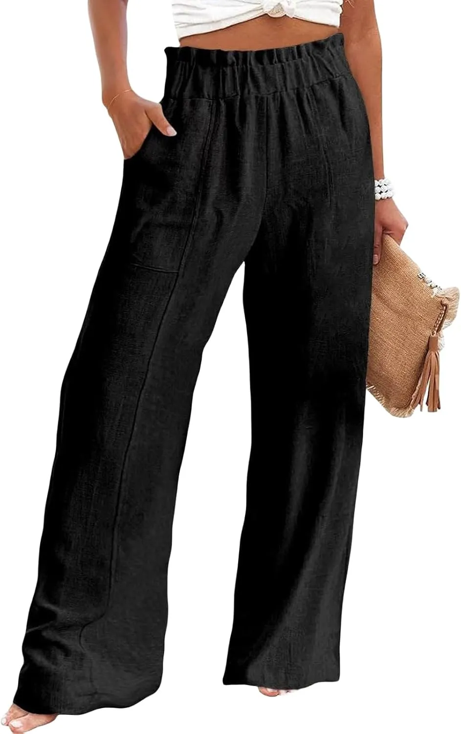 Linen Pants Women Casual Elastic Waist Wide Leg Pants Summer Breathable Palazzo Pant Light Straight Leg Work Trousers