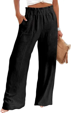 Linen Pants Women Casual Elastic Waist Wide Leg Pants Summer Breathable Palazzo Pant Light Straight Leg Work Trousers