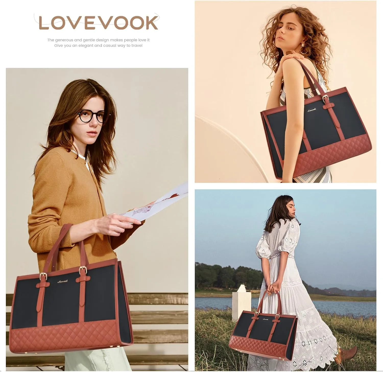 LOVEVOOK Laptop Bag for Women,15.6 inch Laptop Tote Bag Waterproof PU Leather Computer Bag Work Bags for Business Office, Large Capacity Laptop Purse Professional Work Tote Black