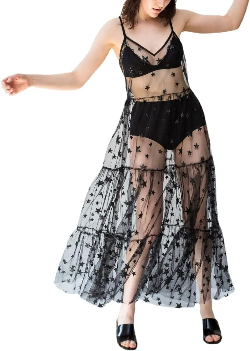 Lsydnfow Constellation Dress Galaxy Print Spaghetti Straps Lace Mesh Beach Dresses Swimwear Bikini Cover Ups