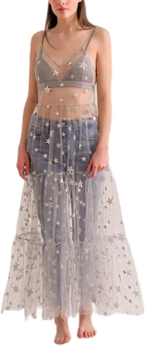 Lsydnfow Constellation Dress Galaxy Print Spaghetti Straps Lace Mesh Beach Dresses Swimwear Bikini Cover Ups