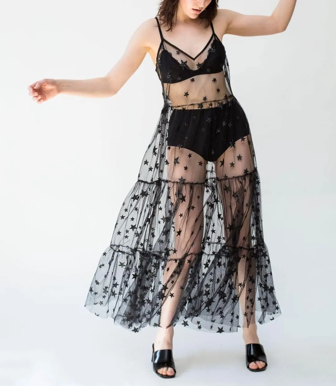 Lsydnfow Constellation Dress Galaxy Print Spaghetti Straps Lace Mesh Beach Dresses Swimwear Bikini Cover Ups