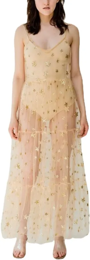 Lsydnfow Constellation Dress Galaxy Print Spaghetti Straps Lace Mesh Beach Dresses Swimwear Bikini Cover Ups