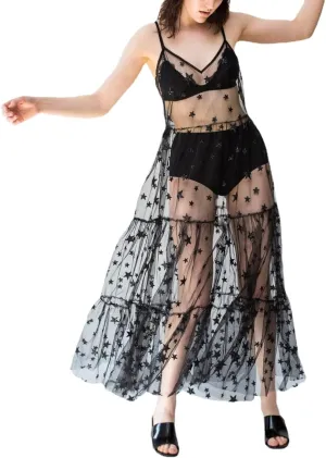 Lsydnfow Constellation Dress Galaxy Print Spaghetti Straps Lace Mesh Beach Dresses Swimwear Bikini Cover Ups