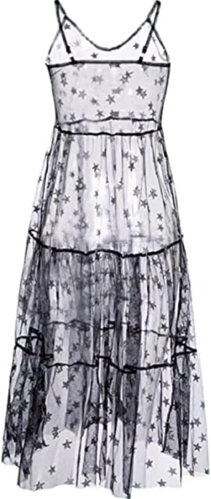 Lsydnfow Constellation Dress Galaxy Print Spaghetti Straps Lace Mesh Beach Dresses Swimwear Bikini Cover Ups