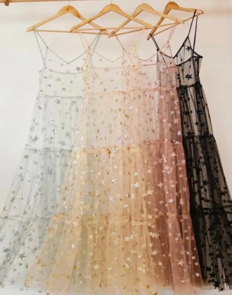 Lsydnfow Constellation Dress Galaxy Print Spaghetti Straps Lace Mesh Beach Dresses Swimwear Bikini Cover Ups