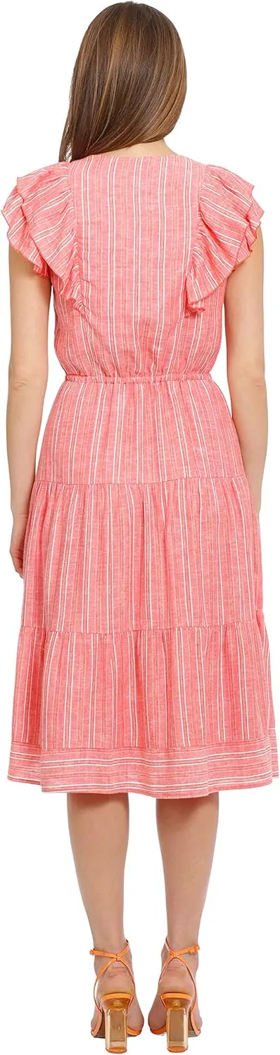 Maggy London Women's V-Neck Tiered Skirt Dress with Tie and Ruffle Details