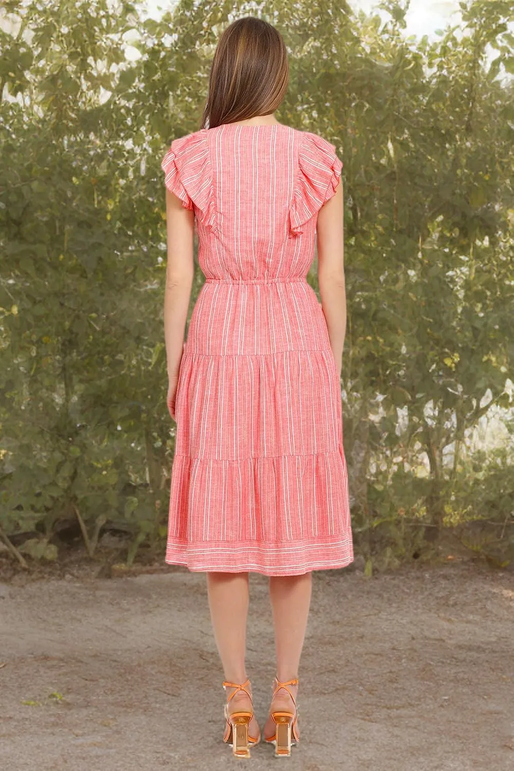 Maggy London Women's V-Neck Tiered Skirt Dress with Tie and Ruffle Details