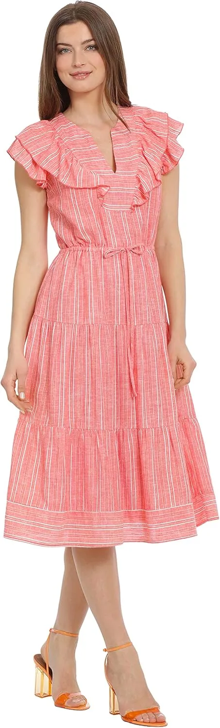 Maggy London Women's V-Neck Tiered Skirt Dress with Tie and Ruffle Details