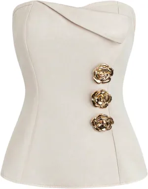 MakeMeChic Women's Metallic 3D Flower Strapless Tube Top Sleeveless Split Bandeau Tops