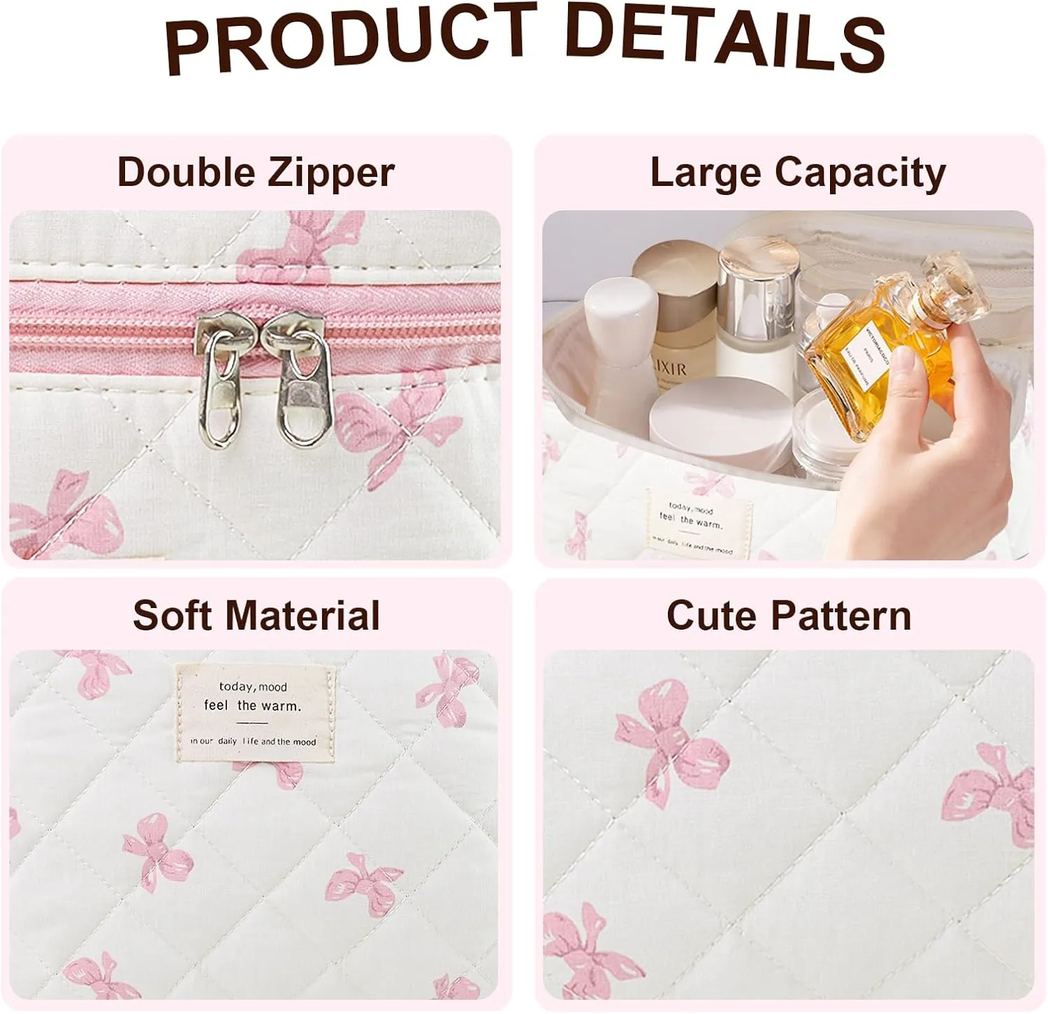 Makeup Bag, Quilted Bow Cosmetic Bag, Large Travel Aesthetic Make up Bag, Cute Coquette Toiletry Bag for Women Girls