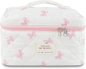 Makeup Bag, Quilted Bow Cosmetic Bag, Large Travel Aesthetic Make up Bag, Cute Coquette Toiletry Bag for Women Girls