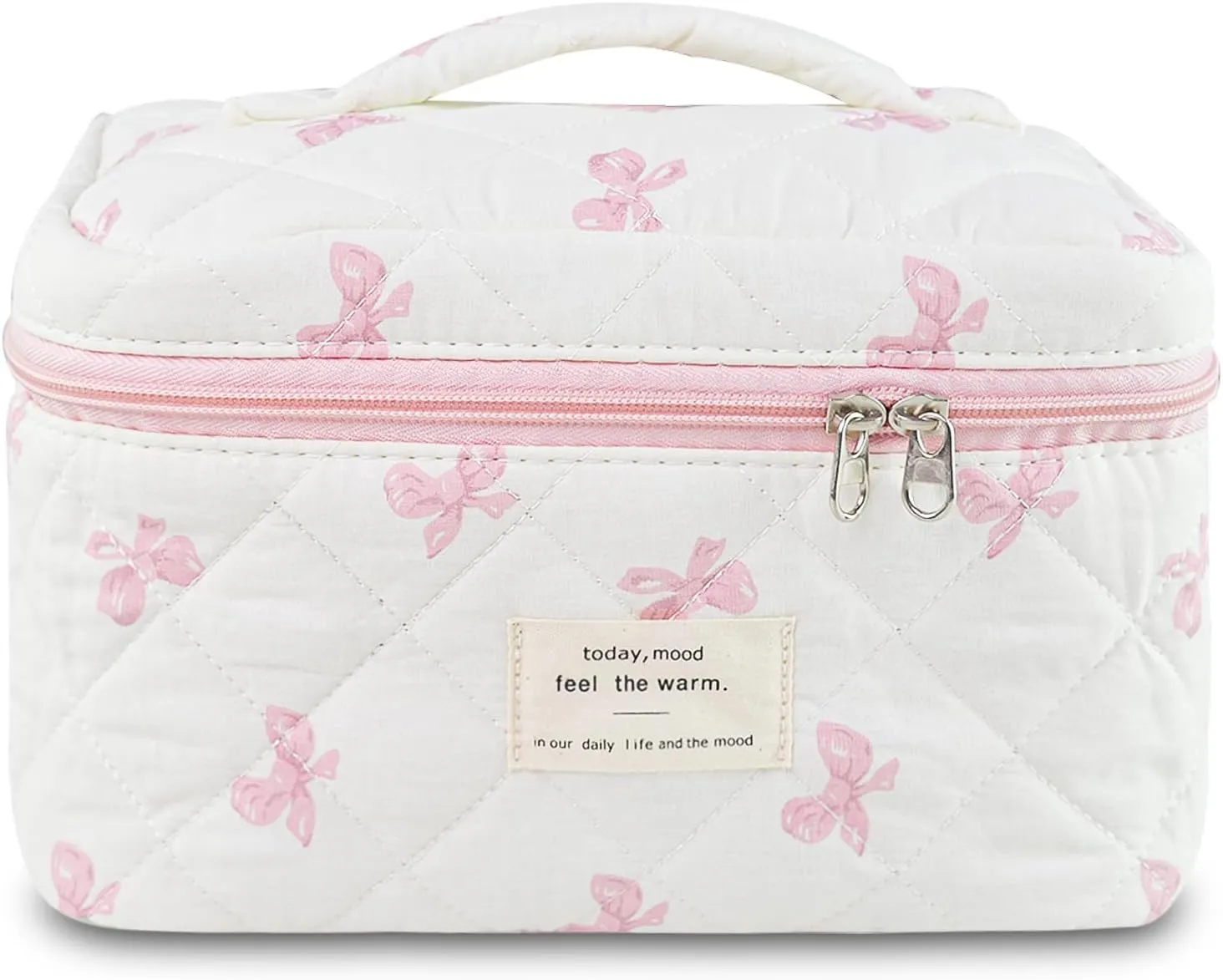 Makeup Bag, Quilted Bow Cosmetic Bag, Large Travel Aesthetic Make up Bag, Cute Coquette Toiletry Bag for Women Girls