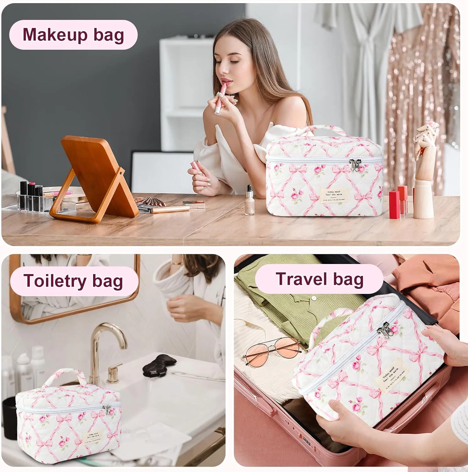 Makeup Bag, Quilted Bow Cosmetic Bag, Large Travel Aesthetic Make up Bag, Cute Coquette Toiletry Pouch for Women Girls