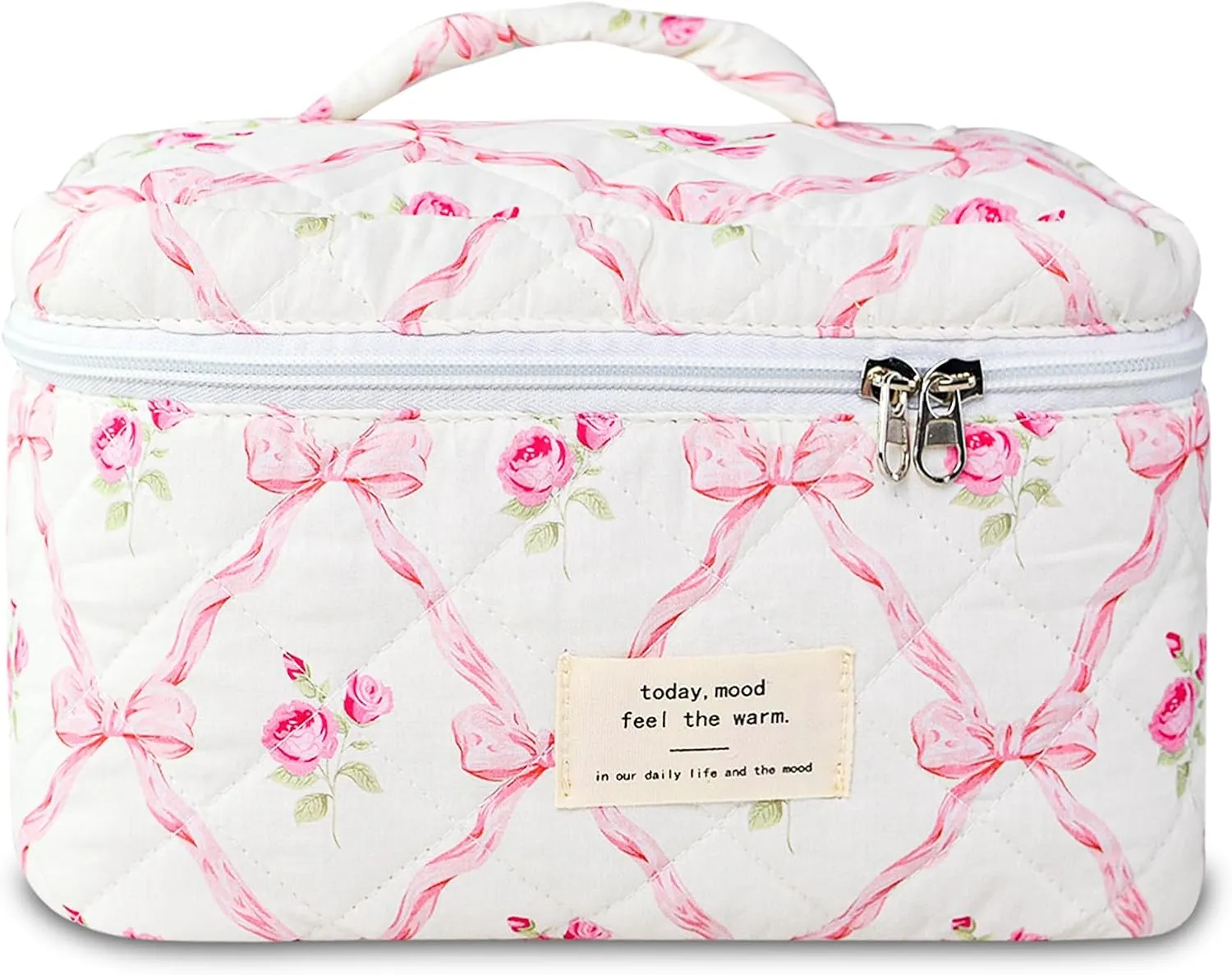 Makeup Bag, Quilted Bow Cosmetic Bag, Large Travel Aesthetic Make up Bag, Cute Coquette Toiletry Pouch for Women Girls