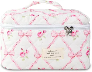 Makeup Bag, Quilted Bow Cosmetic Bag, Large Travel Aesthetic Make up Bag, Cute Coquette Toiletry Pouch for Women Girls