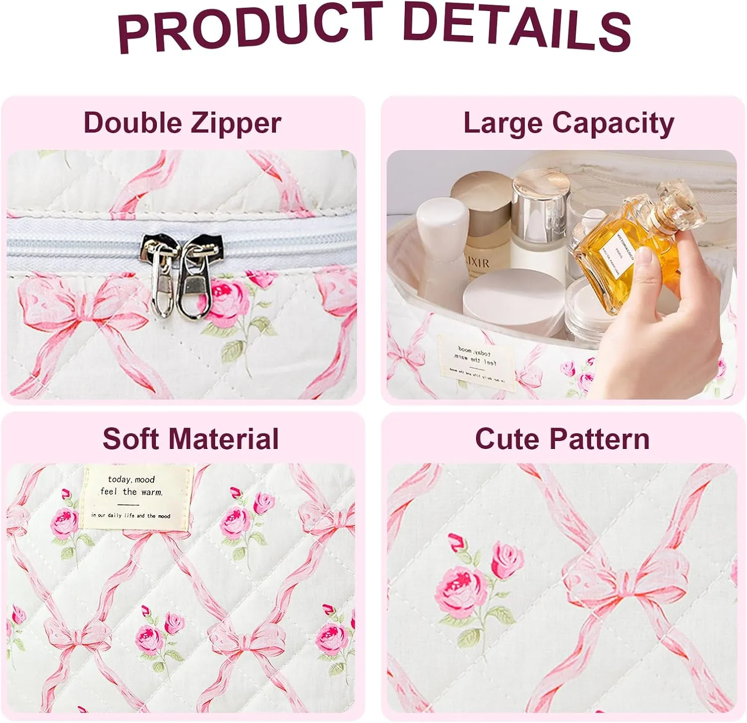 Makeup Bag, Quilted Bow Cosmetic Bag, Large Travel Aesthetic Make up Bag, Cute Coquette Toiletry Pouch for Women Girls