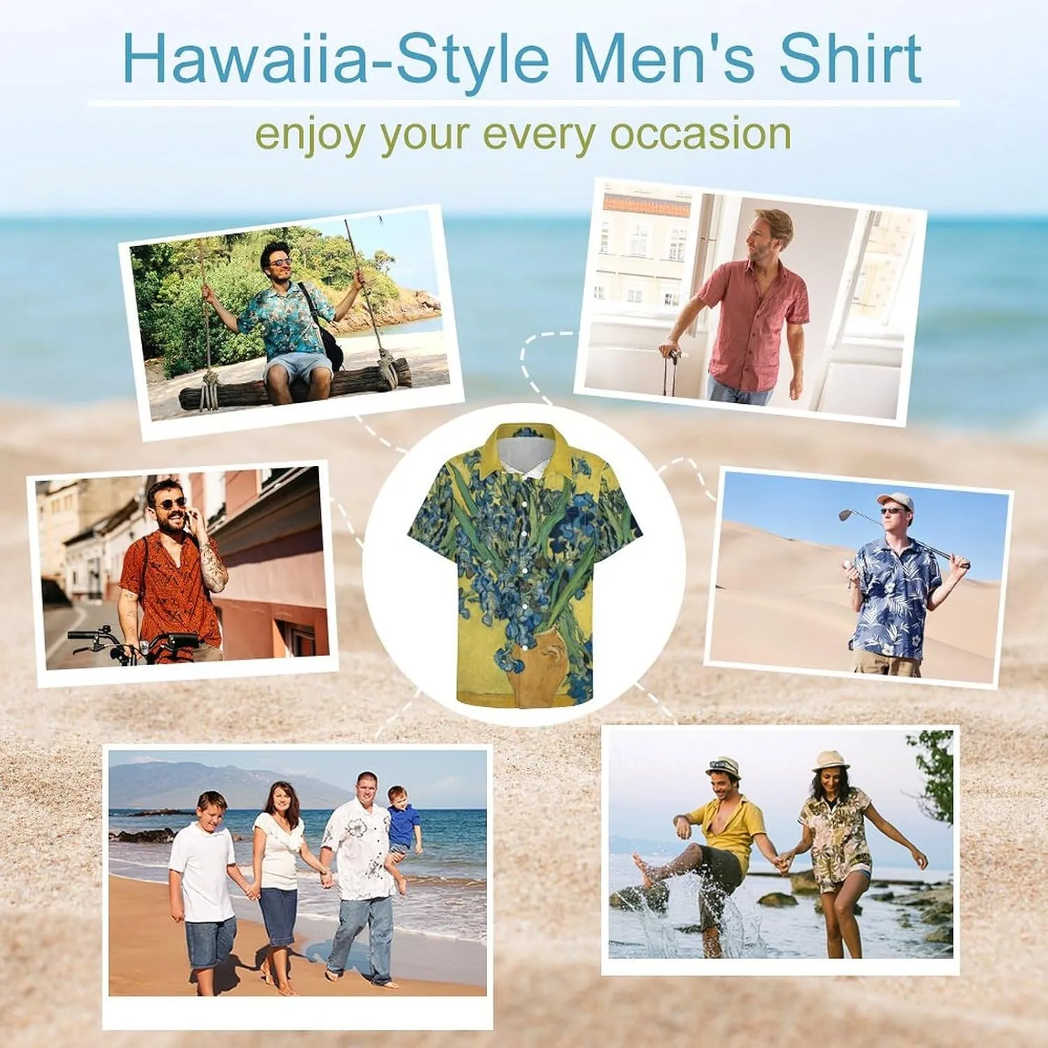 Men Van Gogh Print Hawaiian Bowling Shirts Short Sleeve Regular Fit Summer Beach Casual Button Down Aloha Shirt
