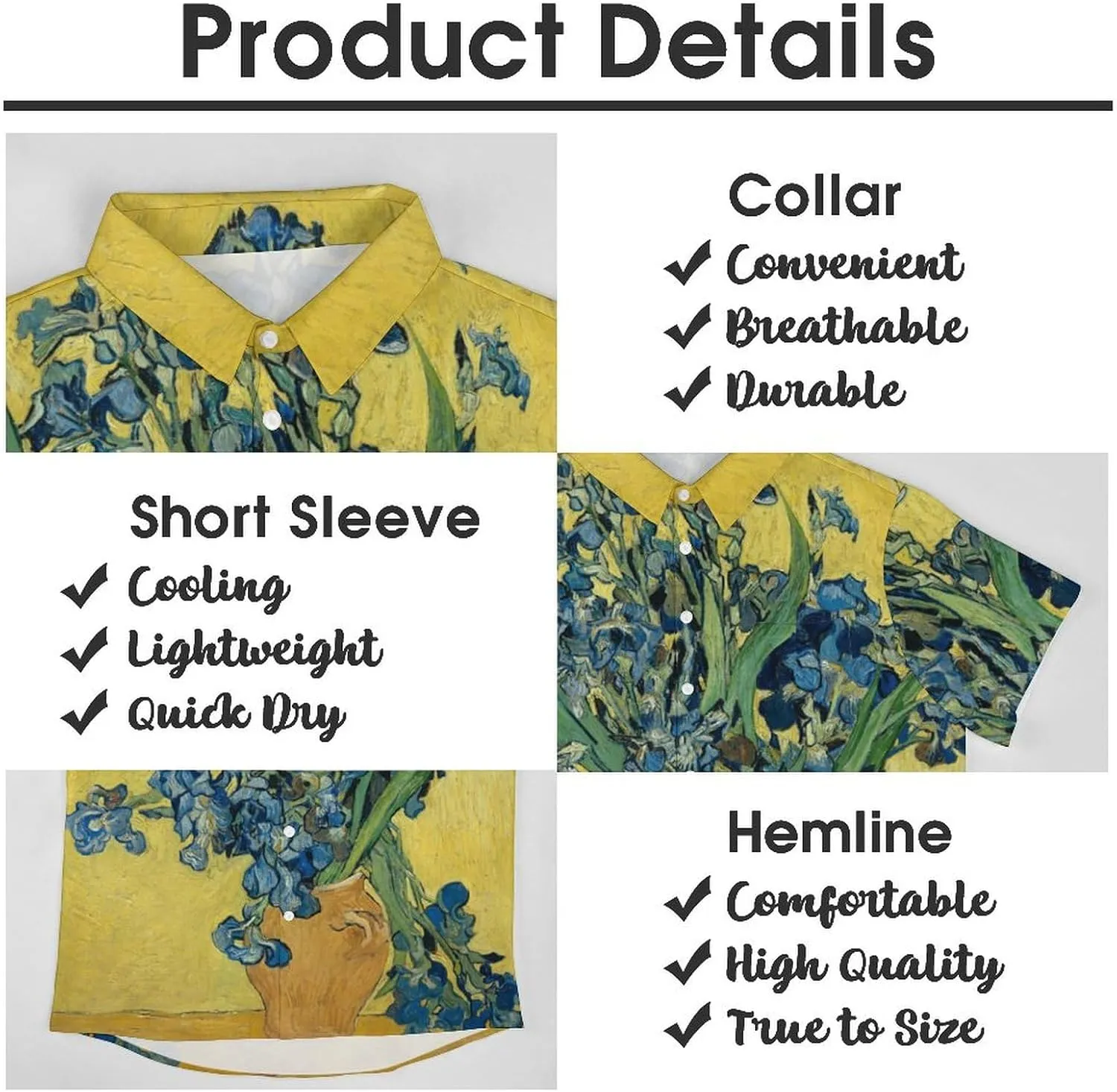 Men Van Gogh Print Hawaiian Bowling Shirts Short Sleeve Regular Fit Summer Beach Casual Button Down Aloha Shirt