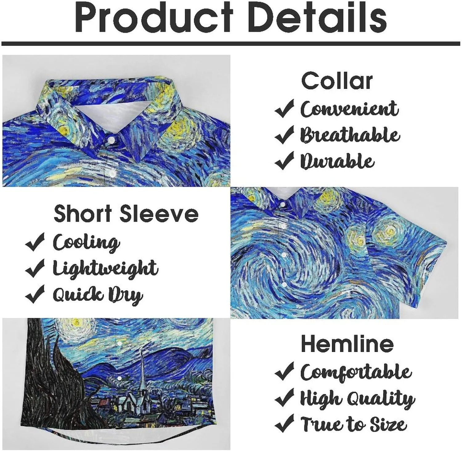 Men Van Gogh Print Hawaiian Bowling Shirts Short Sleeve Regular Fit Summer Beach Casual Button Down Aloha Shirt