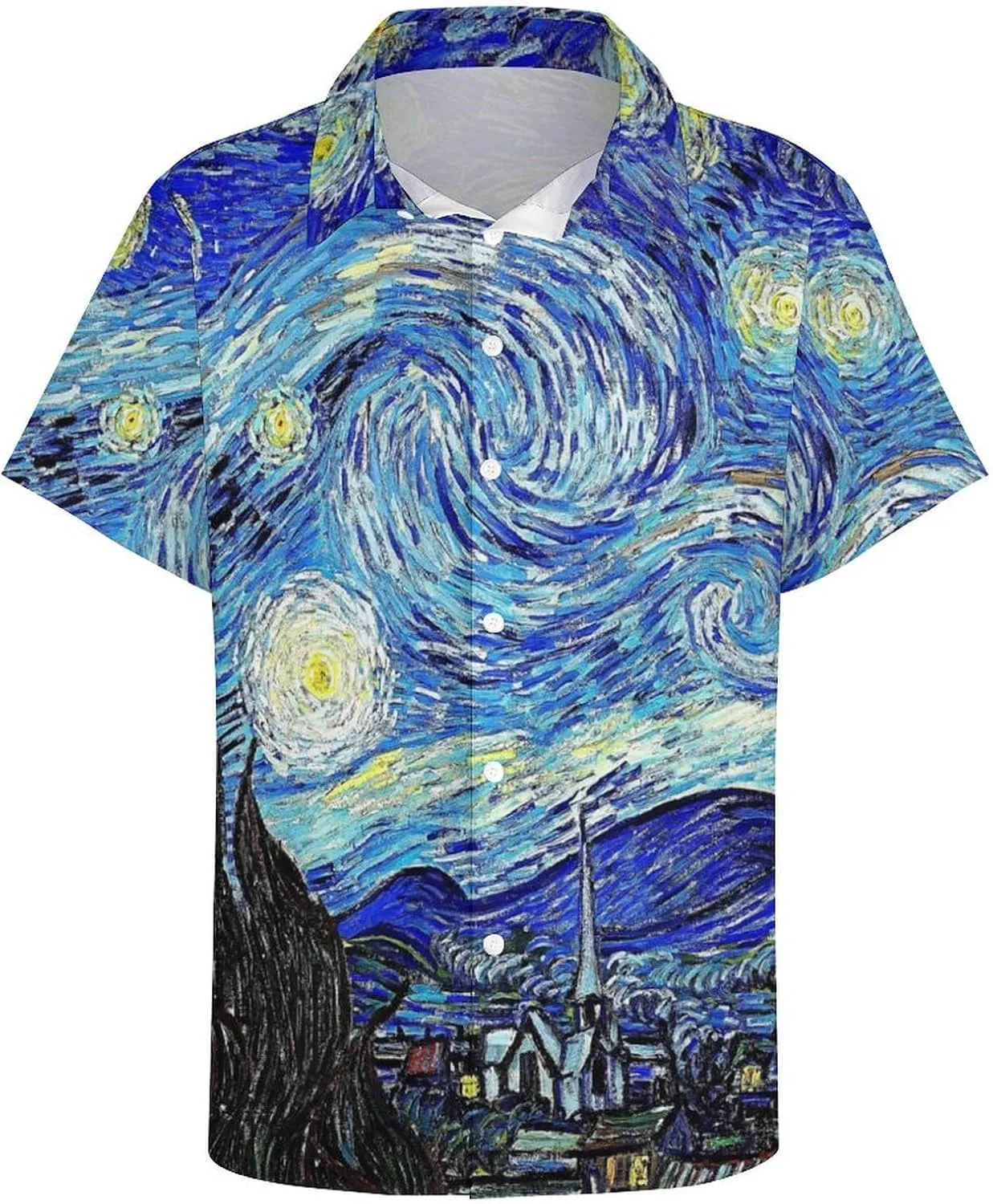 Men Van Gogh Print Hawaiian Bowling Shirts Short Sleeve Regular Fit Summer Beach Casual Button Down Aloha Shirt